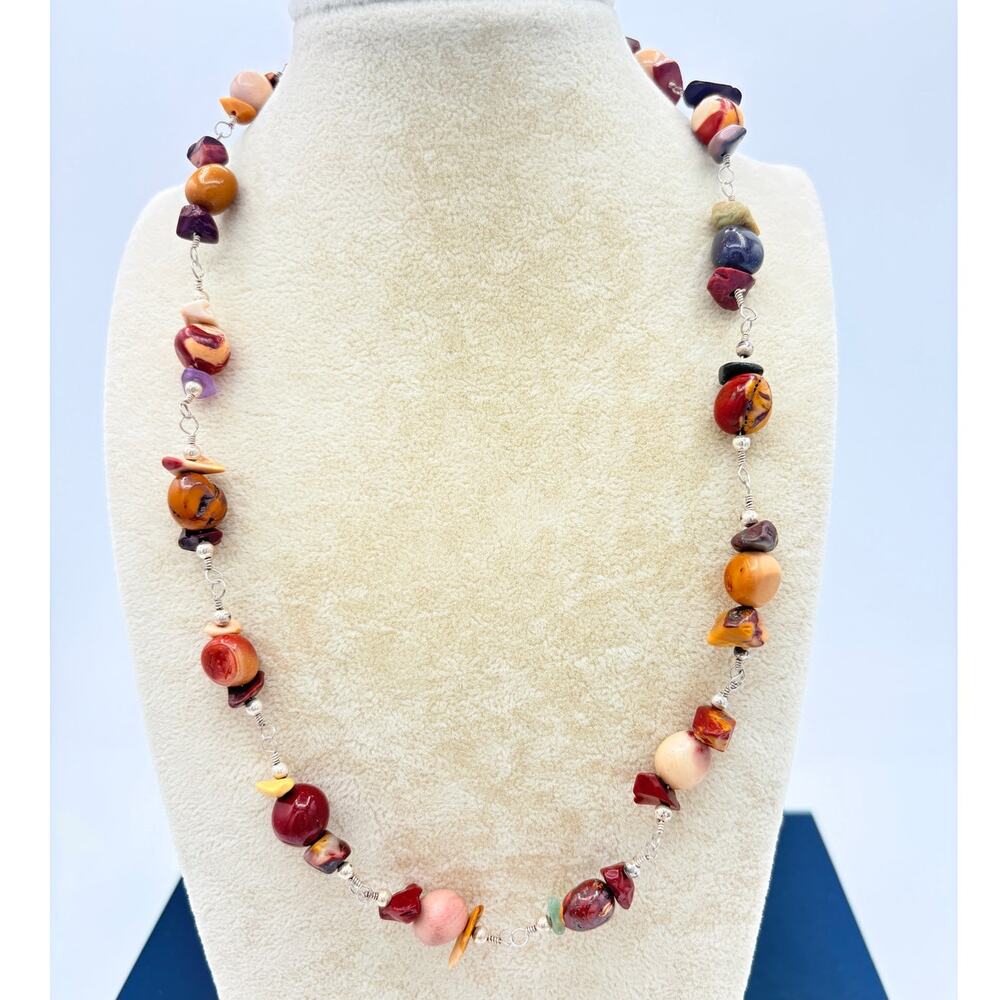 Artisan Mixed Gemstone Necklace Natural Stones Sterling Silver Toggle